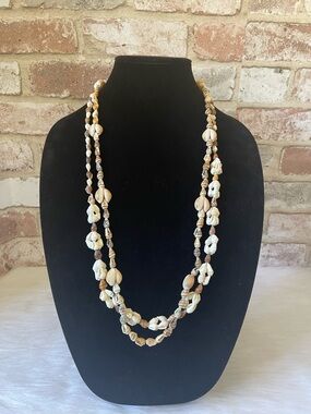 Handcrafted Shell Bead Double Strand Necklace - Natural Cream & Tan